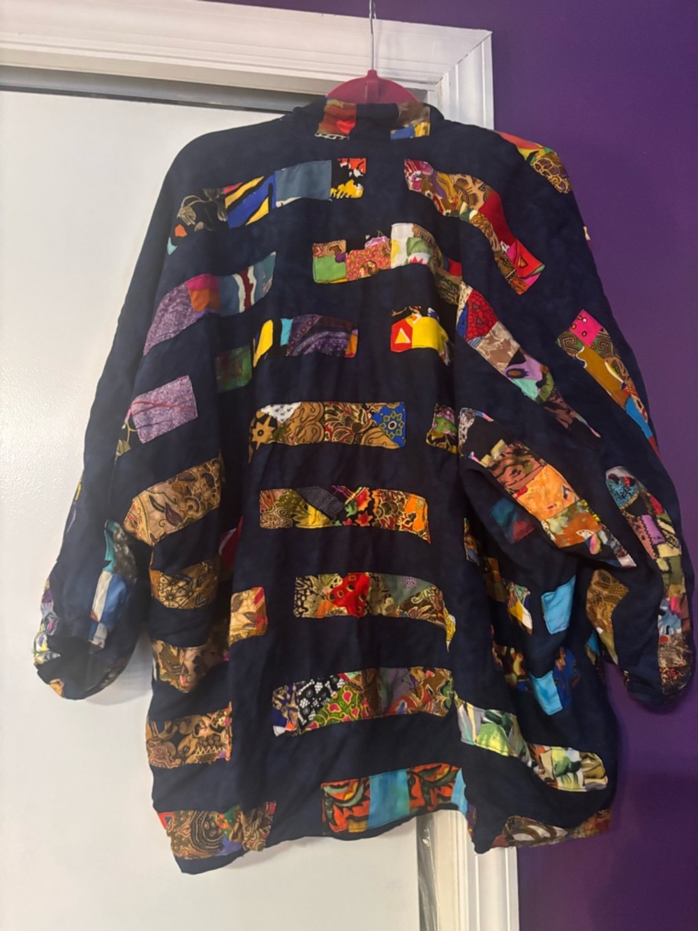 Vintage Bohemian Oversized Black Patchwork Open-Front Jacket Coin Buttons - Picture 2 of 11